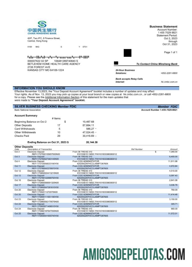 Em branco China Minsheng Bank Firm modelo de extrato de conta Word e PDF